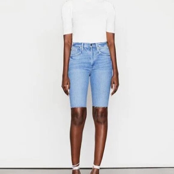 NWOT FRAME Le Vintage Bermuda Raw Edge Denim Shorts in Clarin - Size 23 - Picture 4 of 10